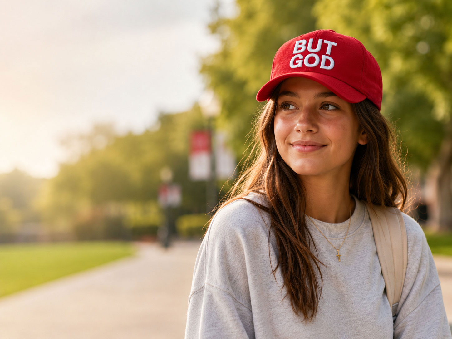 Woman wearing the red But God hat in the mountains